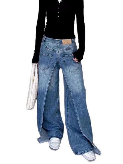 Women's Denim Patchwork Stretch High-Waist Wide-Leg Jeans - product detail view 9