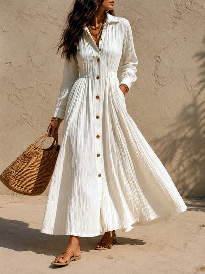 Women's Solid-Color Relaxed-Fit Slim-Fit Point-Collar Long-Sleeve Vacation Dress - product detail view 2