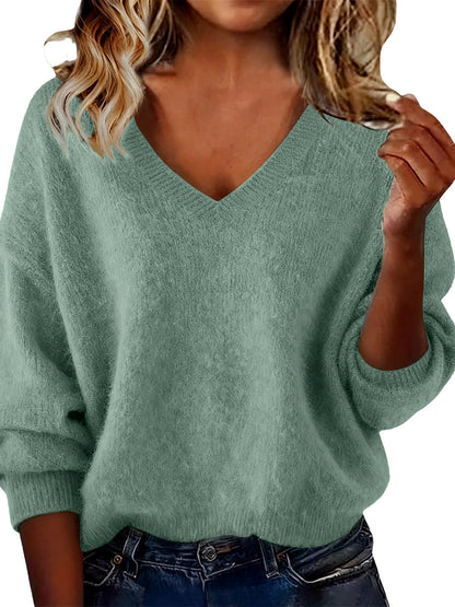 Women's V Solid Color Long Sleeve Knit Patchwork Relaxed-Fit Sweater in Light Green - product view