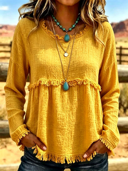 Crew-Neck Long-Sleeve Vintage-Inspired Shirt in Yellow - product view
