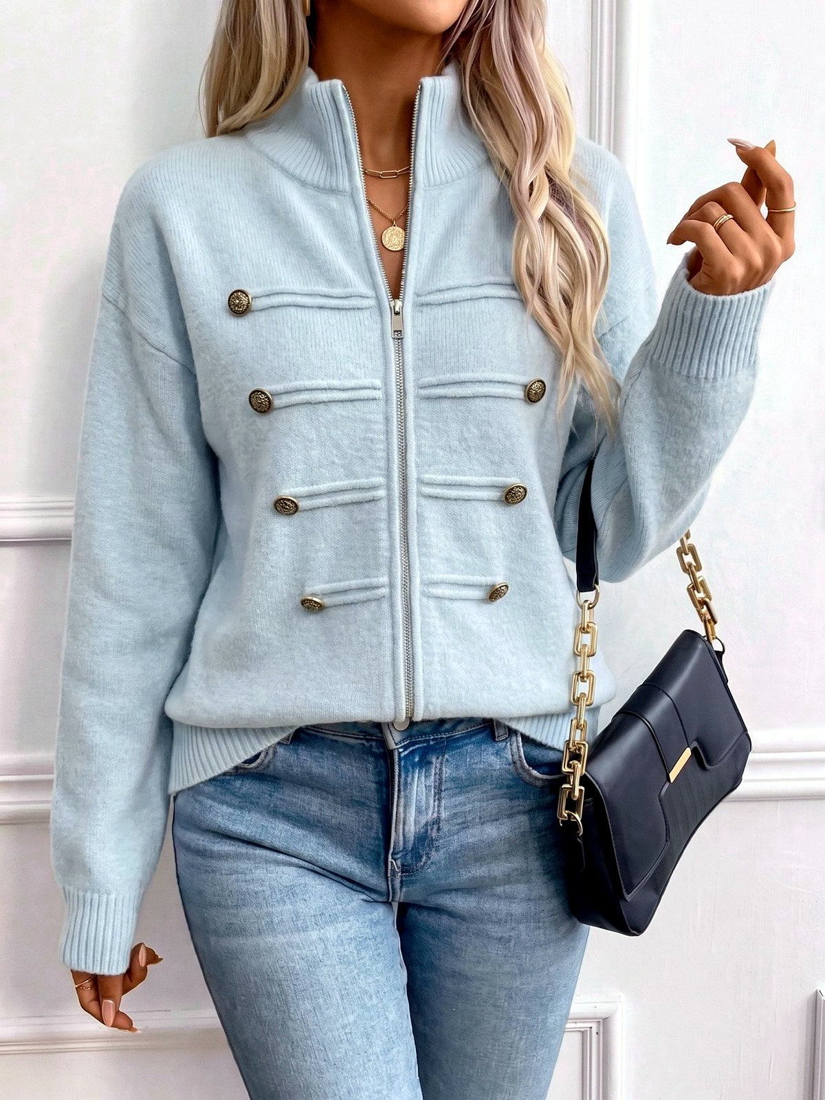 Women's Knit Stand-Collar Zip-Front Cardigan in Light Blue - product view