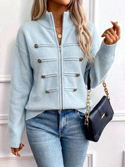Women's Knit Stand-Collar Zip-Front Cardigan in Light Blue - product view