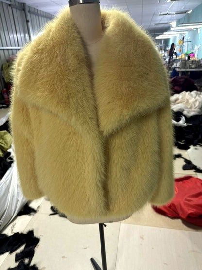 Women's Faux-Fur Point-Collar Long-Sleeve Pocket Coat in Yellow - product view