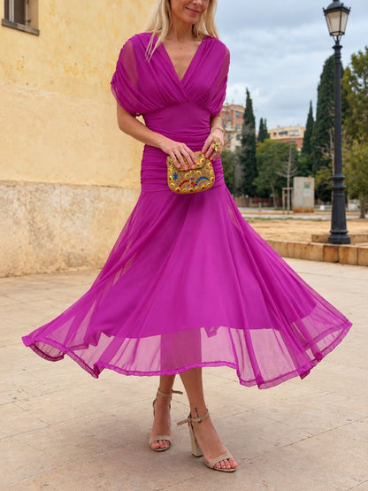 Women's Printed Solid-Color V-Neck Off-Shoulder Pullover Stretch Dress