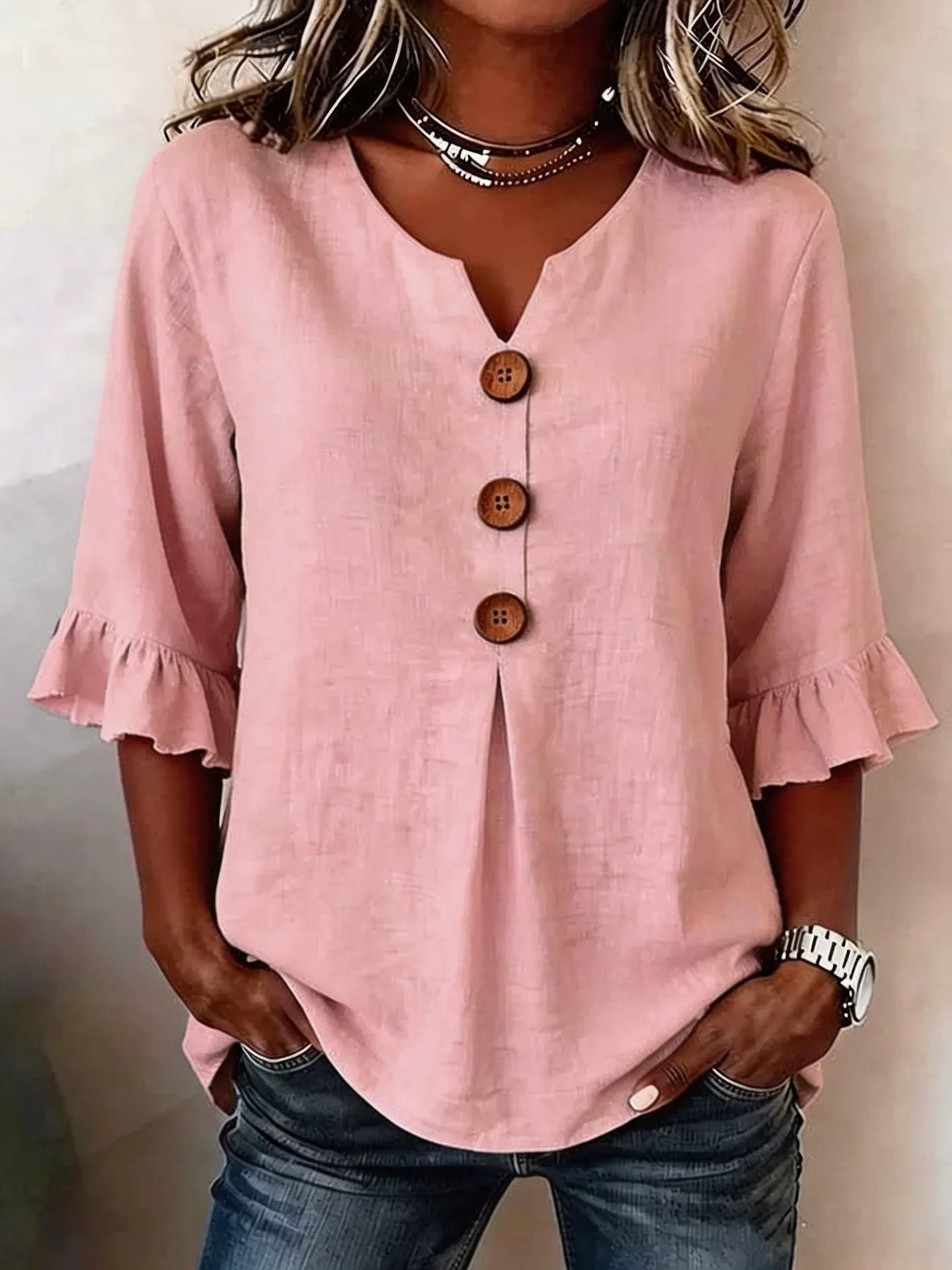 Casual 3/4 Sleeve Cotton Linen Shirt | Boho V-Neck Tunic with Wood Buttons