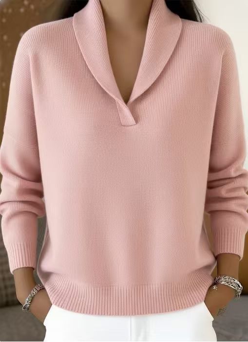 Women's Shawl Collar V-Neck Knit Sweater | Casual Solid Color Long Sleeve Pullover Top