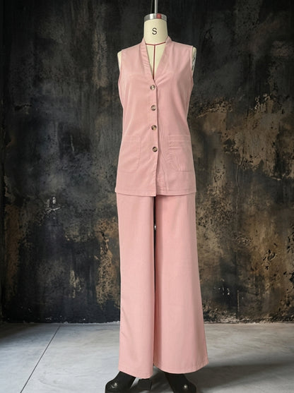 Chic Cotton Linen Blend 2-Piece Set - Sleeveless Button-Down Vest & High-Waist Wide Leg Pants Lounge Set