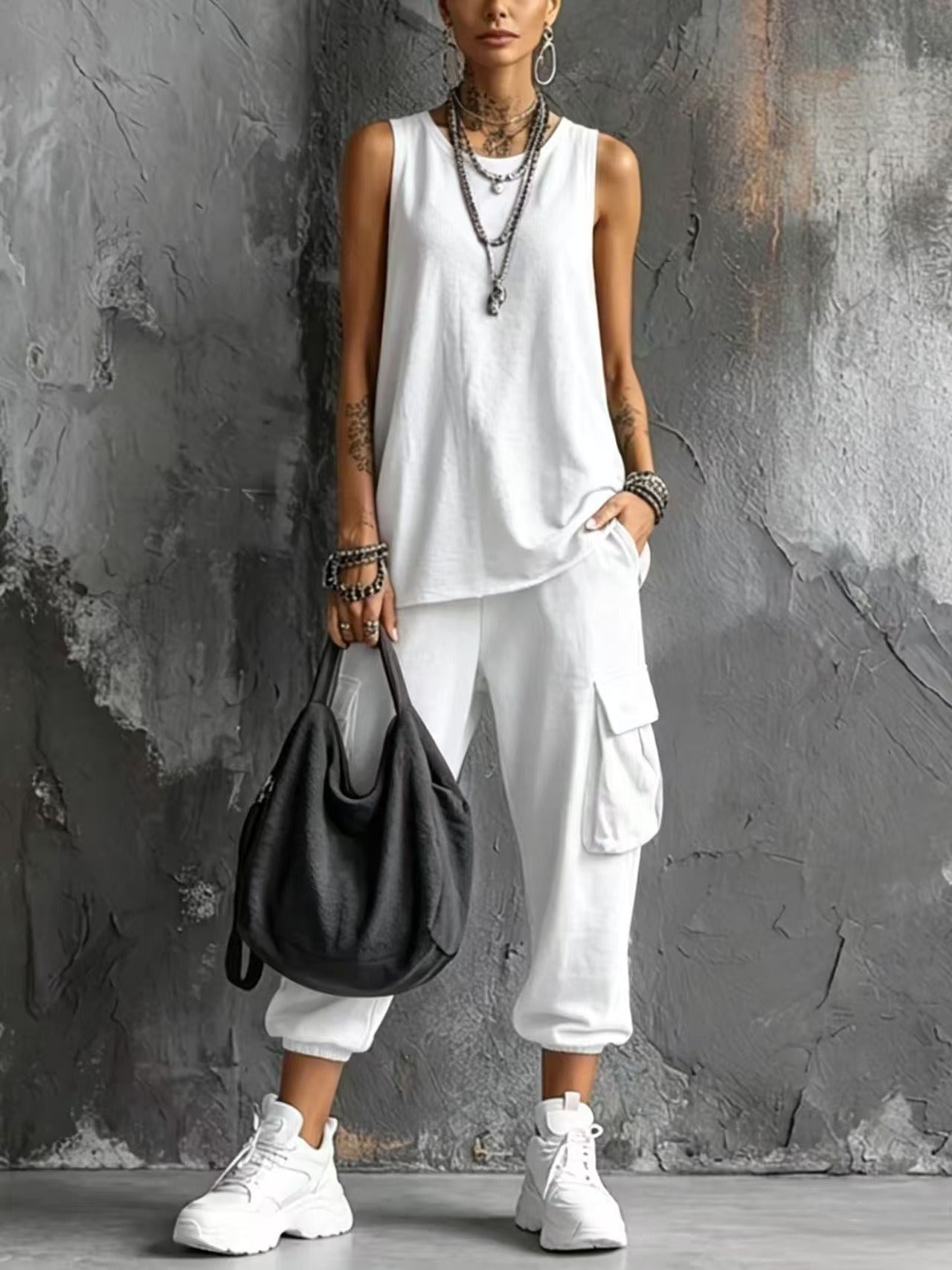 Women's Casual 2-Piece Lounge Set | Sleeveless Knit Tank Top & Cargo Capri Pants Suit