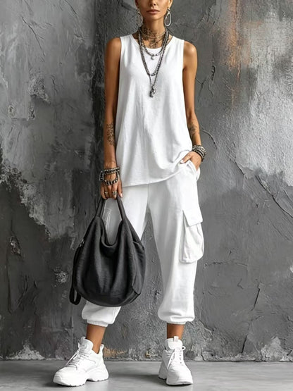 Women's Casual 2-Piece Lounge Set | Sleeveless Knit Tank Top & Cargo Capri Pants Suit