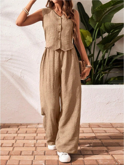 Ensemble deux pièces d'été PromiseGift | Gilet col V et pantalon palazzo taille haute vert sauge