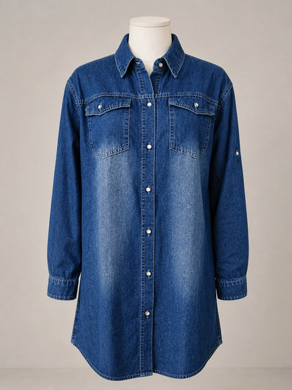Women's Washed Denim Long Sleeve Dress, Adjustable Buckle Loose Jean Dress with Casual Pockets