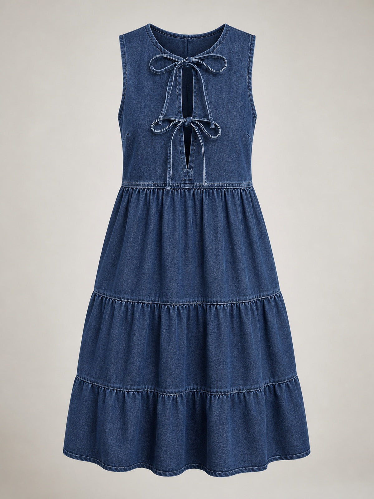 Women's Sleeveless Tiered Denim Dress, Washed Tie Front Layered Loose Jean Dress