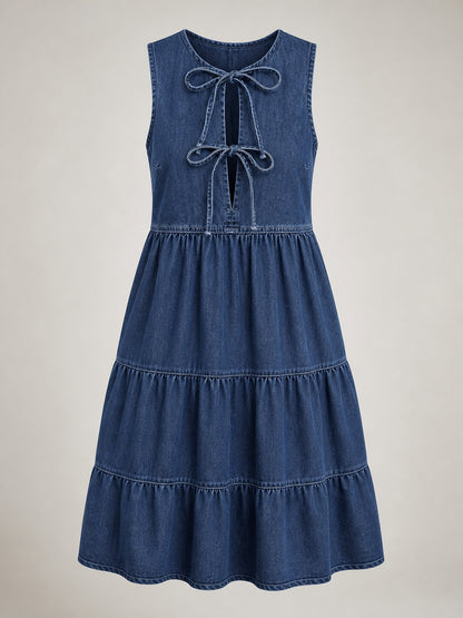 Women's Sleeveless Tiered Denim Dress, Washed Tie Front Layered Loose Jean Dress