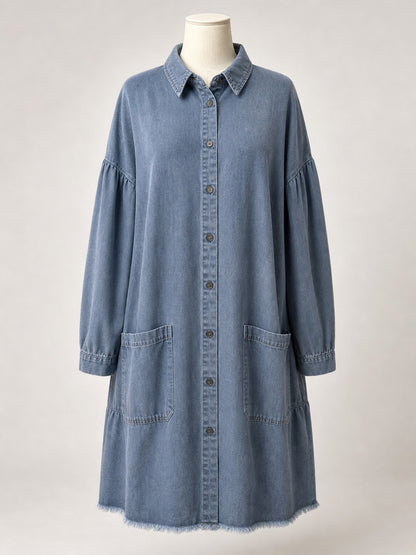 Women's Washed Denim Shirt Dress, Long Sleeve Loose Raw Hem Midi Jean Dress