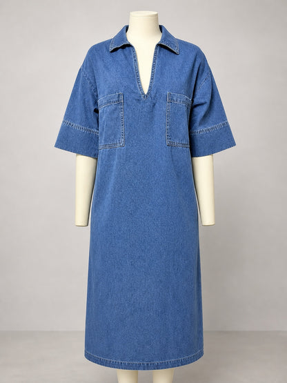 Women's V Neck Denim Midi Dress, Washed Short Sleeve Loose Jean Dress with Casual Relaxed Fit