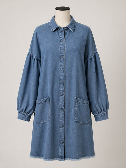 Women's Washed Denim Shirt Dress, Long Sleeve Button Front Loose Midi Dress with Lantern Sleeves