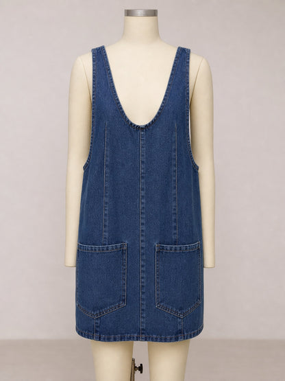 Women's Washed Denim Overall Mini Dress, Sleeveless Suspender Jumper Dress with Casual Pocket Style