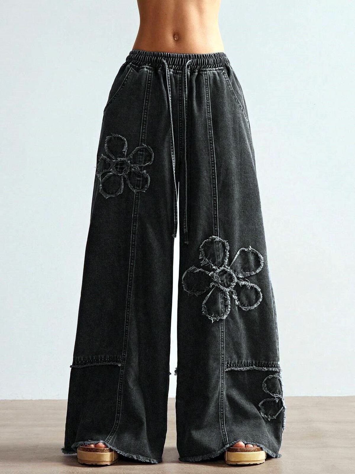 Women's High Waist Embroidered Wide Leg Jeans, Floor Length Streetwear Denim Pants