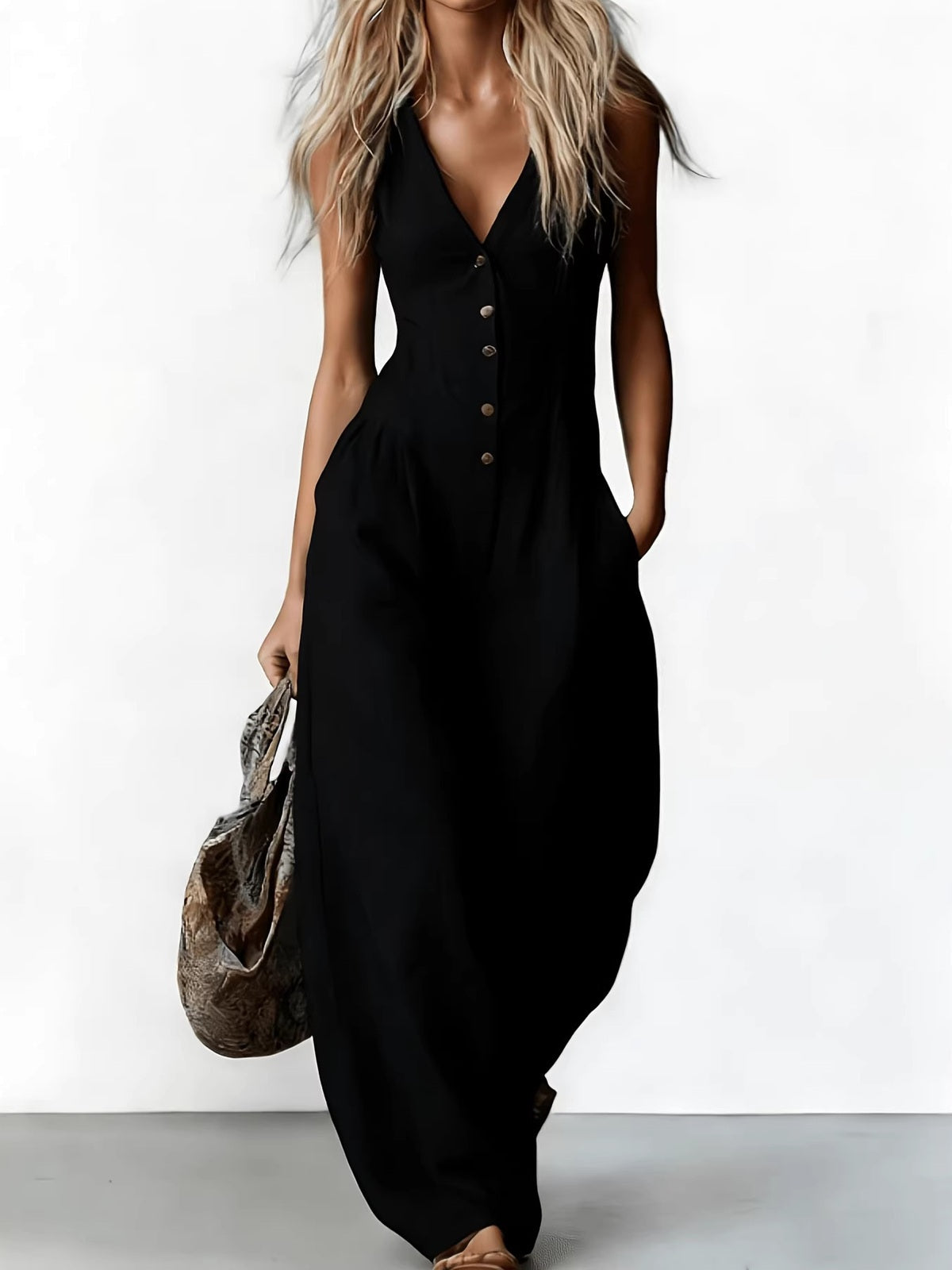 Women's V Neck Sleeveless Jumpsuit, Linen Look Wide Leg One Piece Outfit