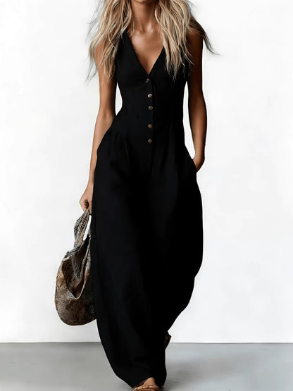Women's V Neck Sleeveless Jumpsuit, Linen Look Wide Leg One Piece Outfit