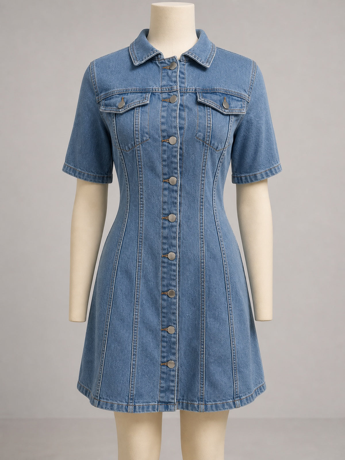Women's Stretch Denim A Line Dress, Collared Short Sleeve Button Front Jean Dress with Cinched Waist