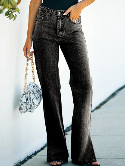 Women's Washed Split Hem Flare Jeans, Mid Waist Denim Pants with Open Slit Streetwear Leg