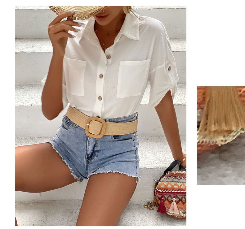 French Romance Ruffle Blouse - White V-Neck Linen-Blend Top