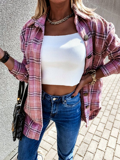 Women's Plaid Point-Collar Patchwork Relaxed-Fit Long-Sleeve Woven-Panel Cardigan - product detail view 8