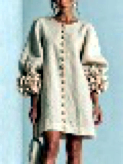 Women's Solid-Color Crew-Neck Button-Front Pullover Relaxed-Fit Dress in Apricot - product view