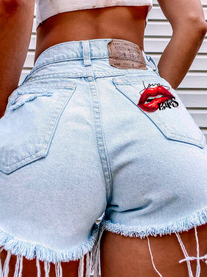 Denim Printed Relaxed-Fit Mid-Rise Straight-Leg Streetwear Shorts - product detail view 7