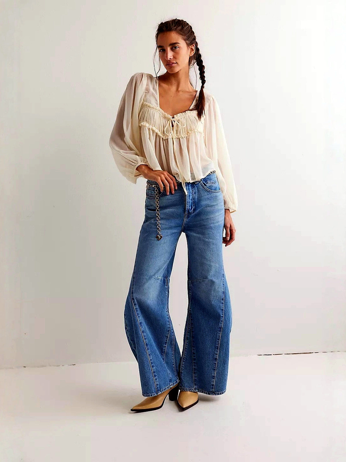 Women's Denim High-Waist Wide-Leg Vintage-Inspired Washed Straight-Leg Relaxed-Fit Jeans - product detail view 7