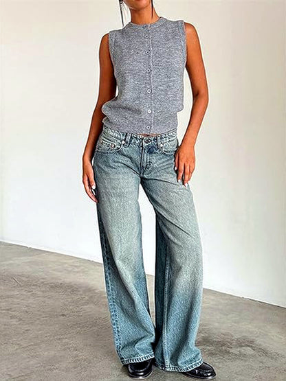 Women's Washed Denim Wide-Leg Vintage-Inspired Distressed Straight-Leg Jeans in 12564 - product view