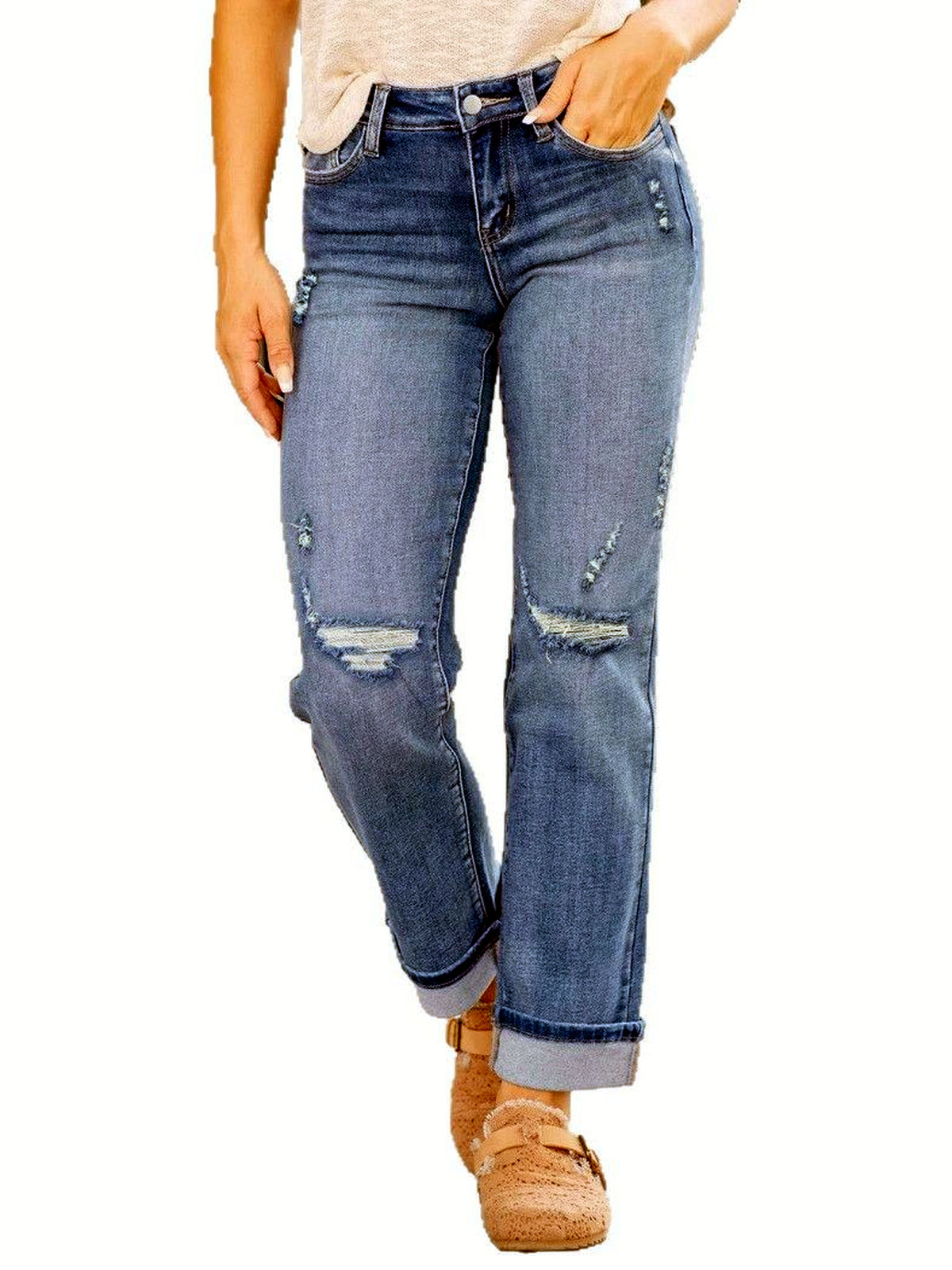 Women's Stretch Denim Mid-Rise Straight-Leg Jeans - product detail view 8