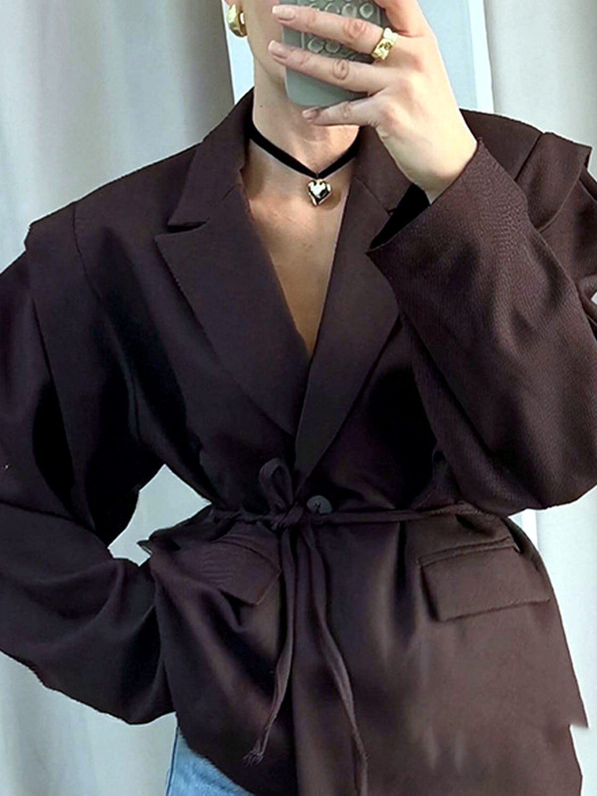 Women's Printed Solid-Color Slim-Fit Belted Long-Sleeve Office Blazer in 29782-Brown - product view