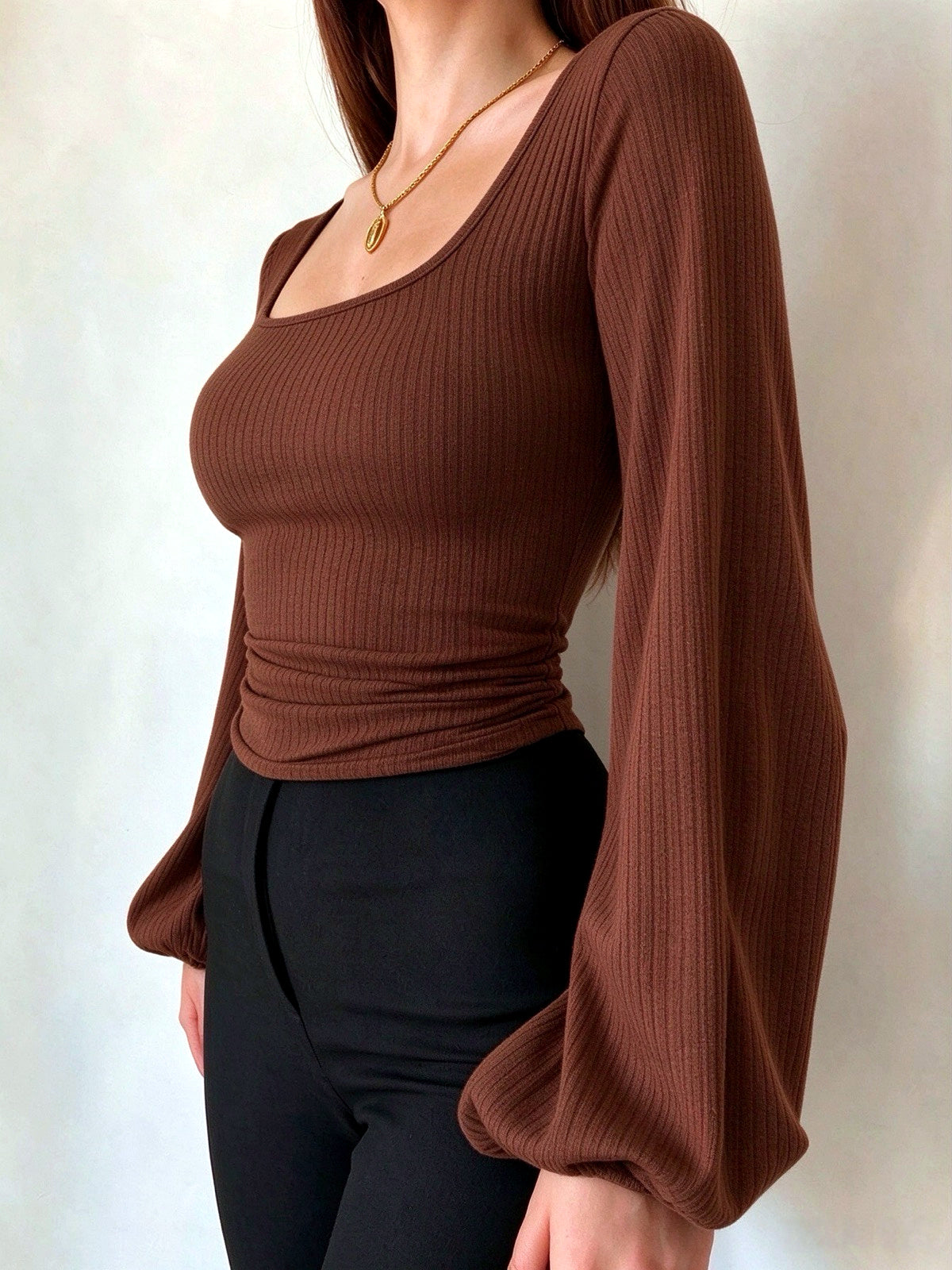 Women's Knit Slim-Fit Long-Sleeve Puff-Sleeve Stretch Top - product detail view 5
