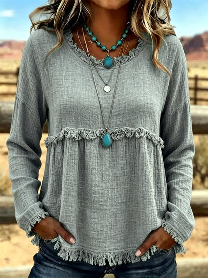 Crew-Neck Long-Sleeve Vintage-Inspired Shirt in Gray - product view
