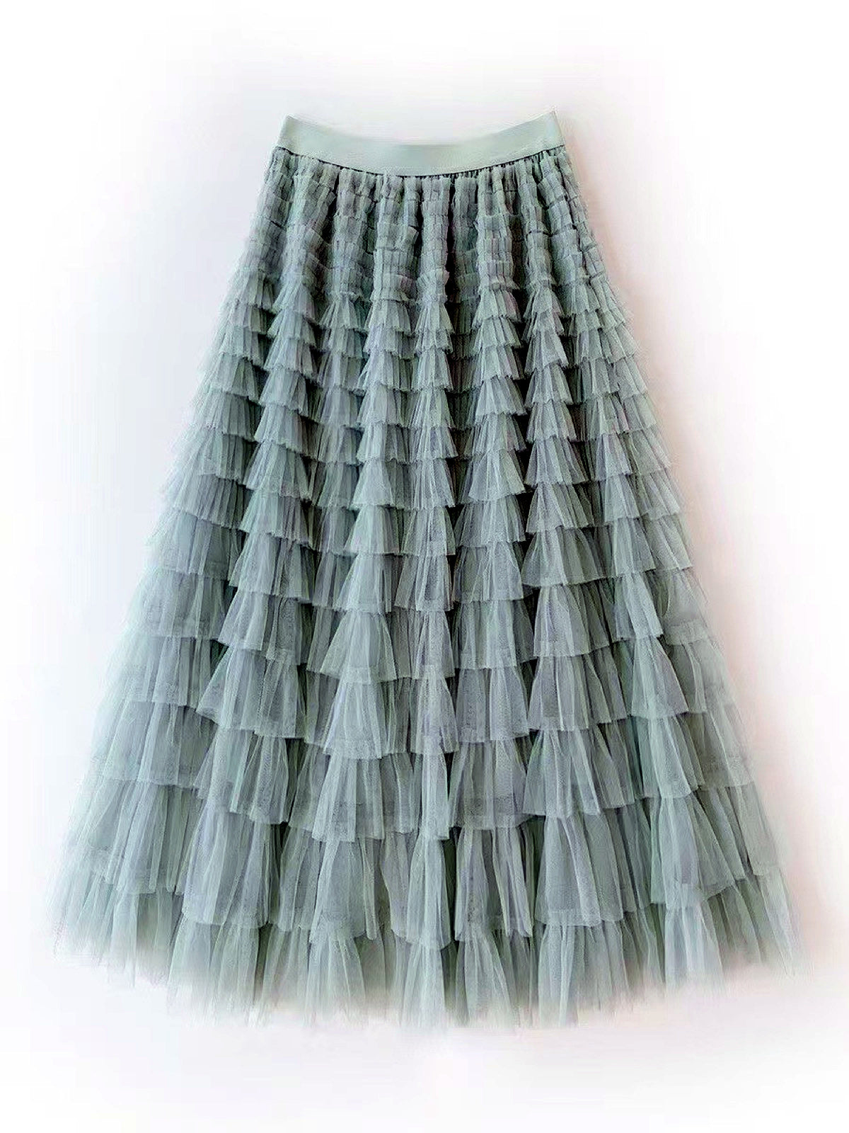 Women's Solid-Color Patchwork Longline Stretch Midi High-Waist Skirt in Light Green - product view
