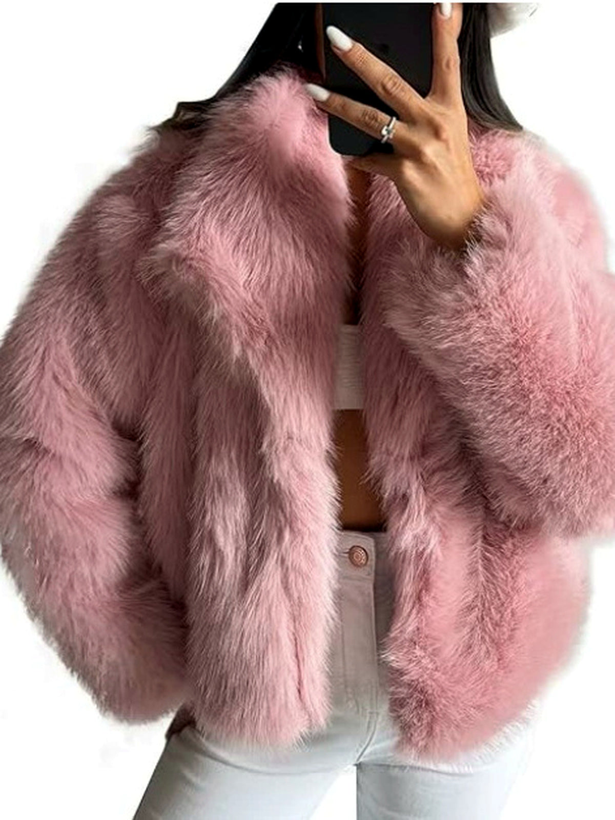 Women's Faux-Fur Point-Collar Long-Sleeve Pocket Coat in Pink - product view