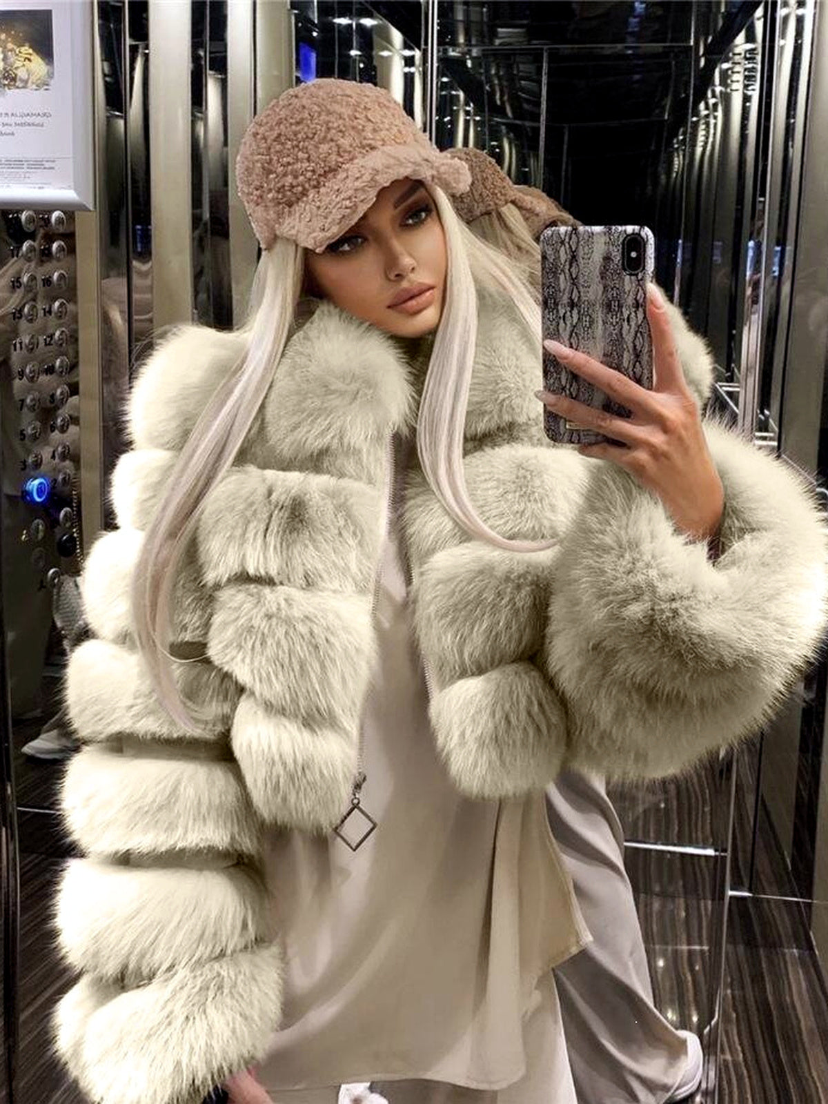 Women's Faux-Fur Point-Collar Stand-Collar Patchwork Long-Sleeve Coat in Apricot - product view