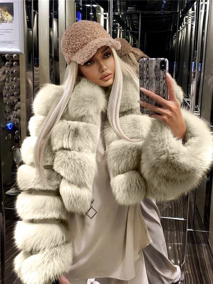 Women's Faux-Fur Point-Collar Stand-Collar Patchwork Long-Sleeve Coat in Apricot - product view