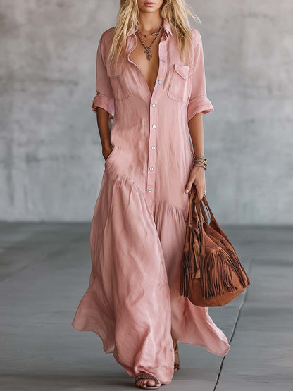 Robe longue décontractée rose en coton et lin, style rétro western, col en V, boutonnée sur le devant, manches courtes