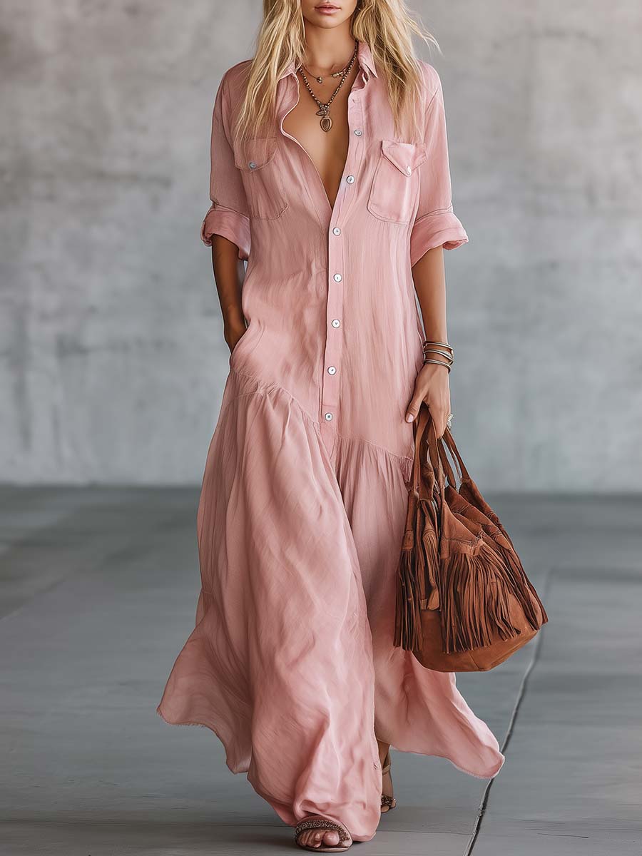 Robe longue décontractée rose en coton et lin, style rétro western, col en V, boutonnée sur le devant, manches courtes