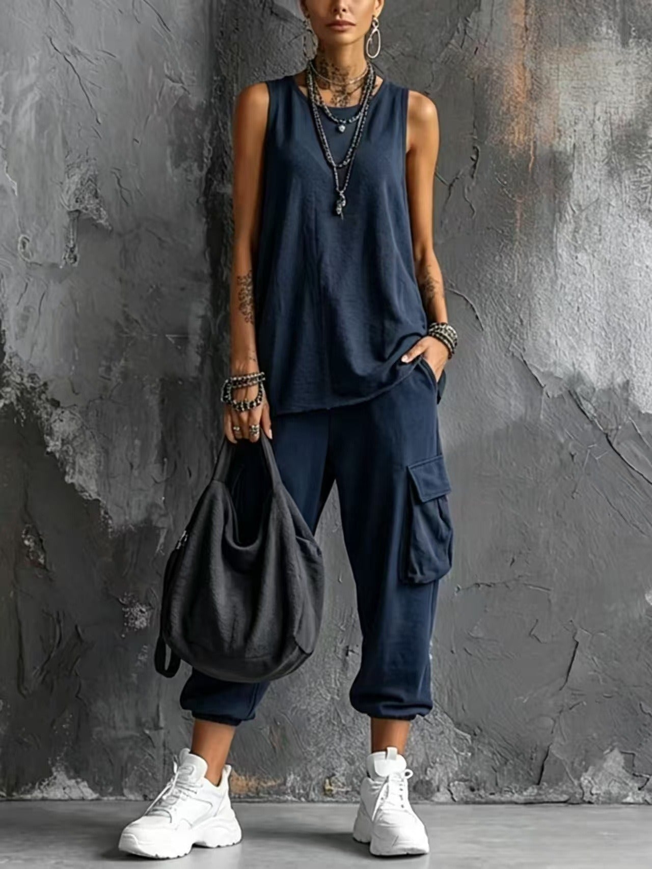 Women's Casual 2-Piece Lounge Set | Sleeveless Knit Tank Top & Cargo Capri Pants Suit