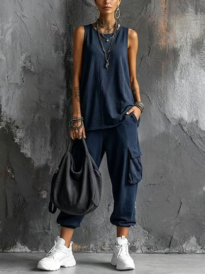 Women's Casual 2-Piece Lounge Set | Sleeveless Knit Tank Top & Cargo Capri Pants Suit
