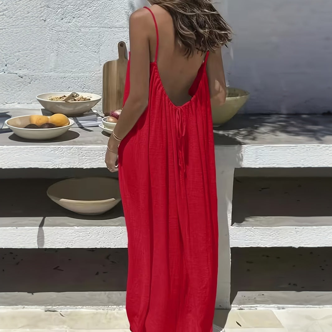 Women's Backless Spaghetti Strap Maxi Dress – Loose Fit Flowy Summer Beach Vacation Sundress, Casual Long Cami Dress