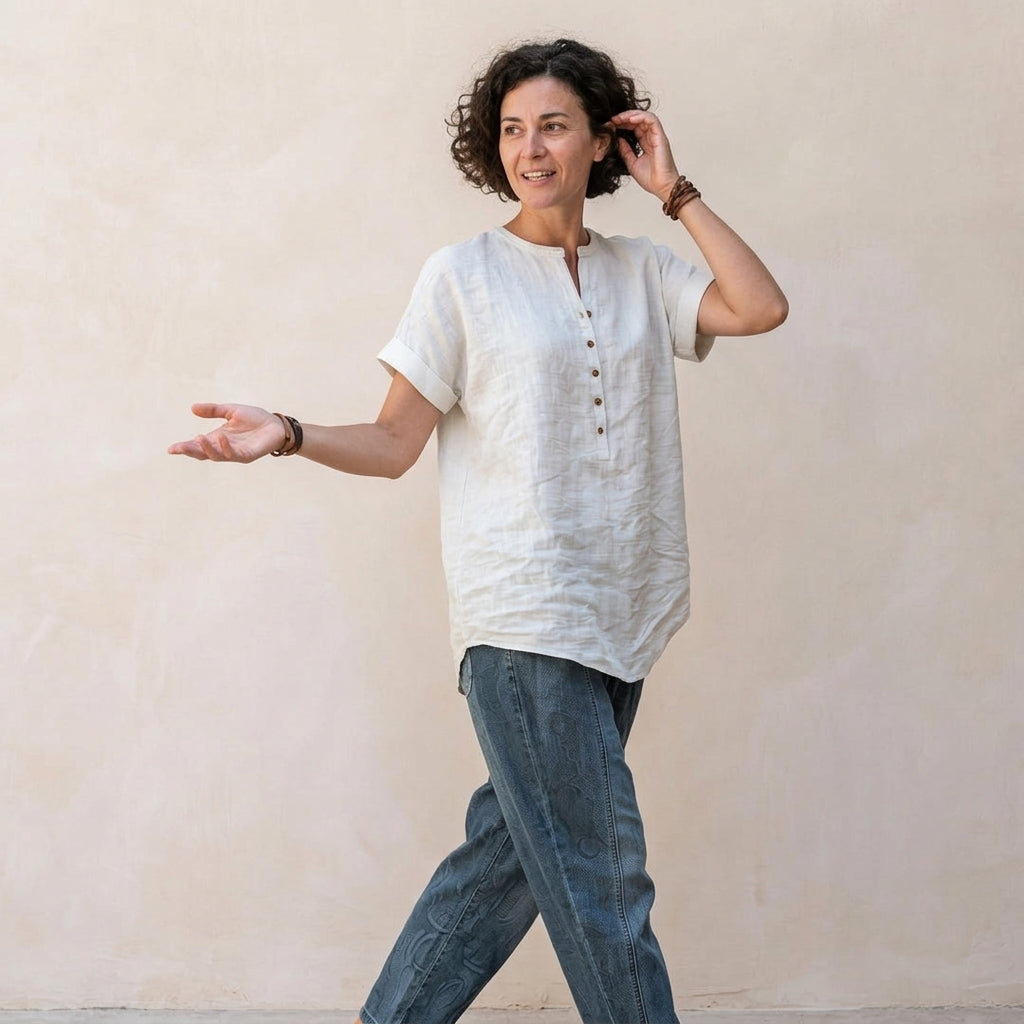 Casual Short-Sleeve Popover Shirt | Breathable Cotton-Linen Tunic with Cuffed Sleeves