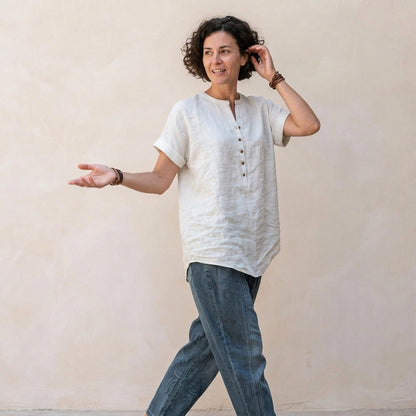 Casual Short-Sleeve Popover Shirt | Breathable Cotton-Linen Tunic with Cuffed Sleeves