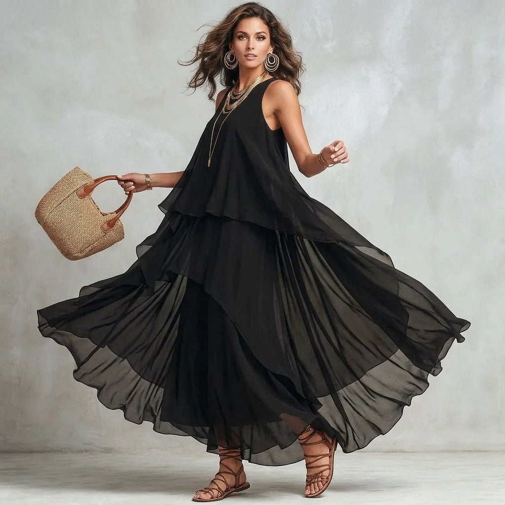 Robe longue de vacances vaporeuse à volants – Coupe ample et légère, style sophistiqué