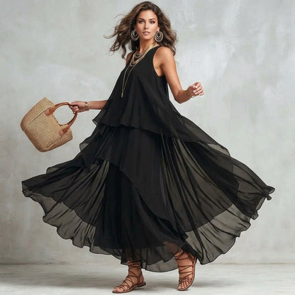 Robe longue de vacances vaporeuse à volants – Coupe ample et légère, style sophistiqué