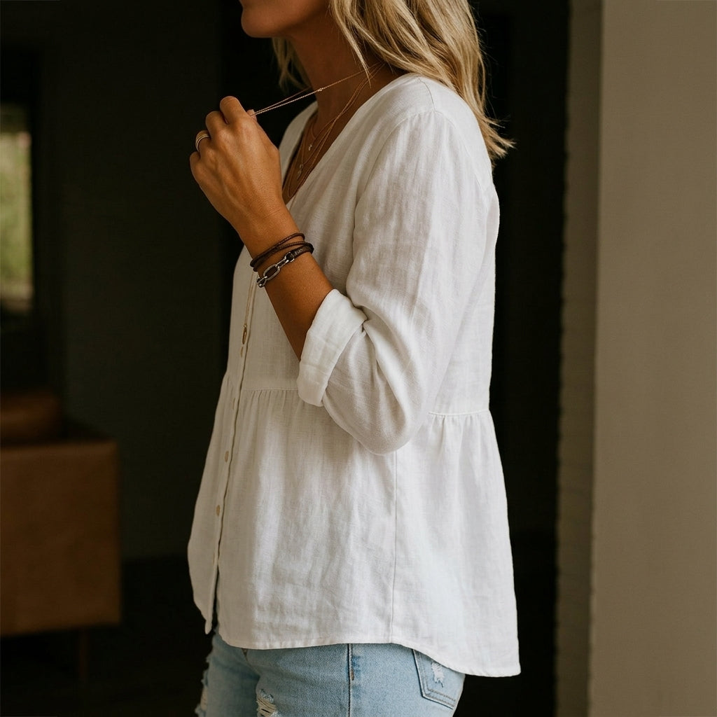 Relaxed Fit Button-Down Peplum Tunic | White Summer Linen-Blend Blouse